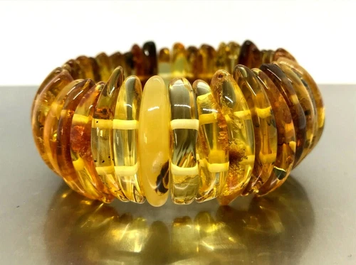 AMBER BRACELET GIFT Baltic Amber MOON Beads Elastic Ladies Jewelry 40,9g 15889
