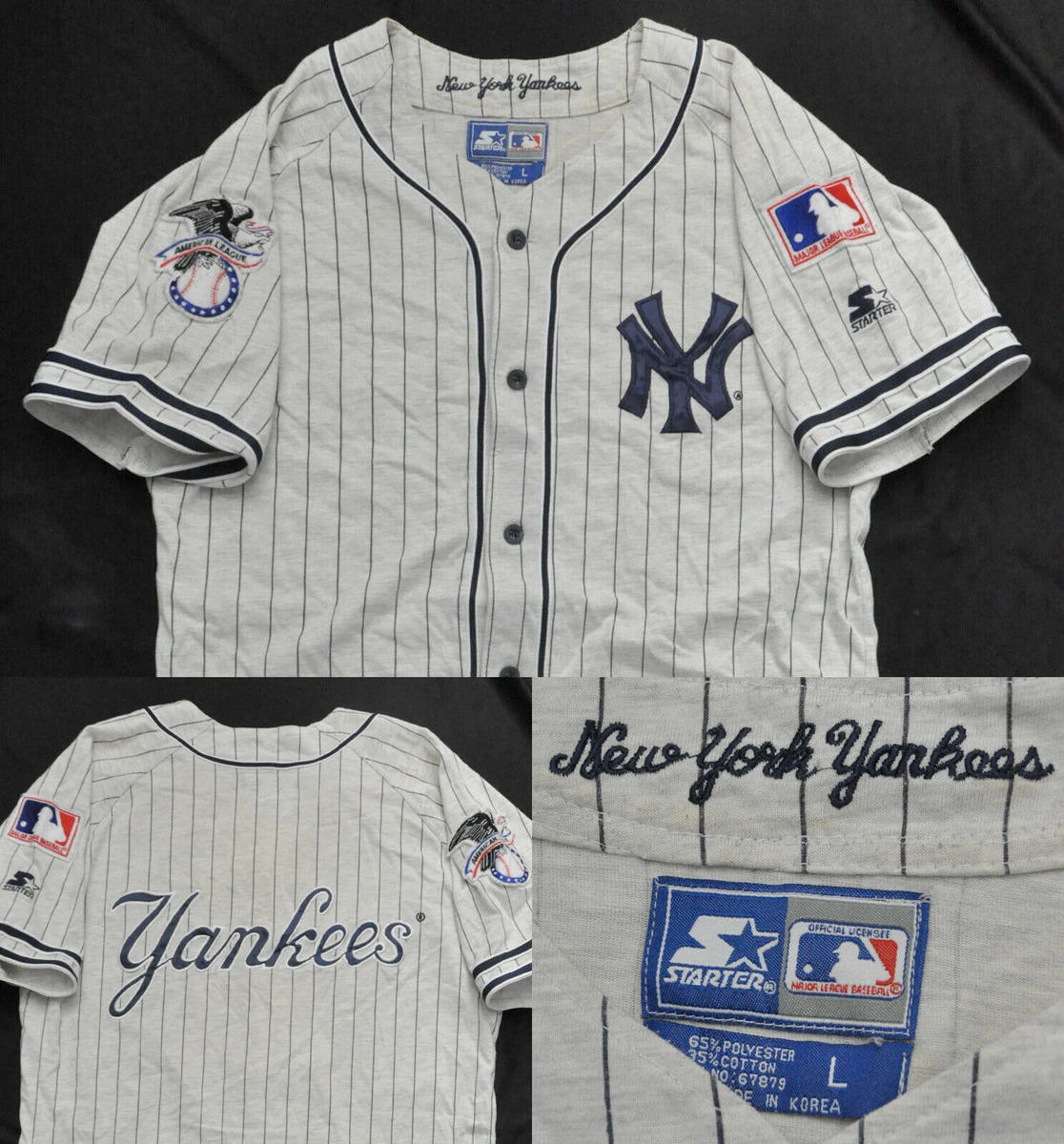 NEW YORK YANKEES STARTER CURSIVE VINTAGE GRAY PIN STRIPE NY JERSEY MEN SEWN  L