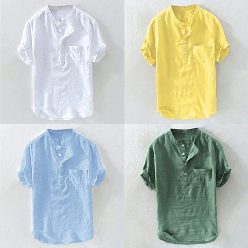 Sommer Herren Leinen Baumwolle Kurzarm Knopfleiste Hemden Brusttasche Bluse Tops - Bild 6 von 14