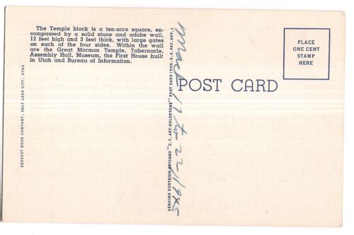 1945 Night View of MORMON TEMPLE SQUARE Salt Lake City Utah Postcard UT Linen - Picture 2 of 2