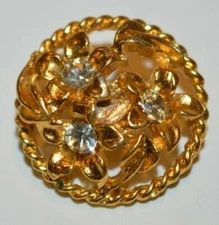 Lot of 5 Vintage Shank One Inch Buttons Floral Design Gold Tone with Rhinestones