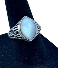 Marked 925 Size 7 Sterling Silver Mother Of Pearl Marquis Ring With Scroll Work