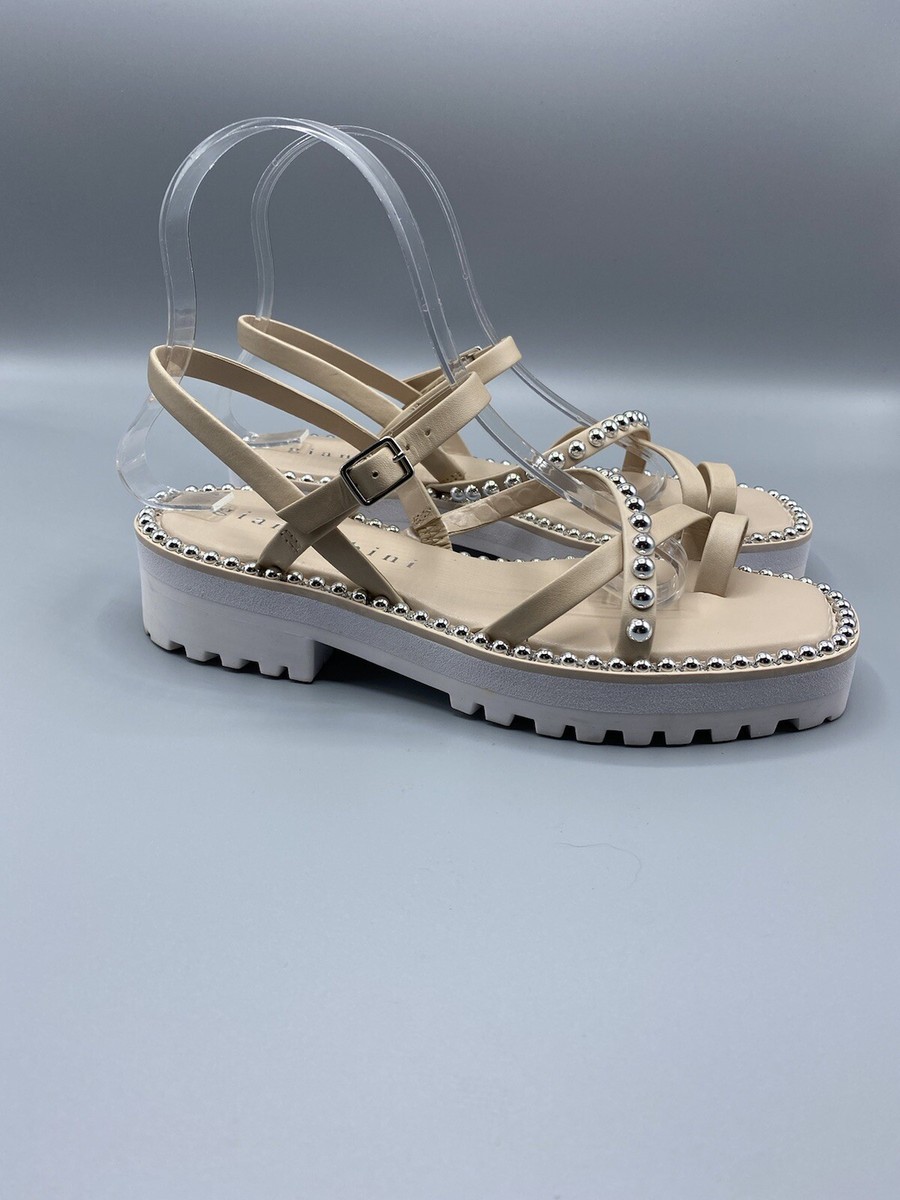 Gianni Bini Womens Sandals Buckle Slingback Silver Studded Tan Size 6M