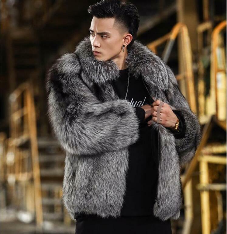 Men's Jacket 5XL 6XL Faux Fox Fur Big Faux Fur Collar Zipper