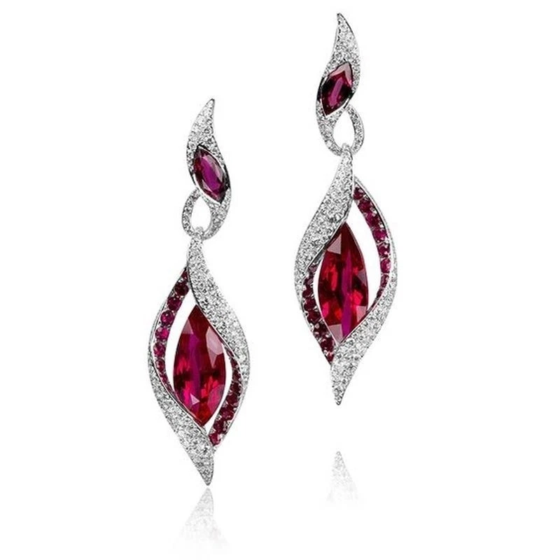 boucles d'oreilles luxe gouttes d'eau zirconium rouge rubis argenté top qualité - Photo 1/1