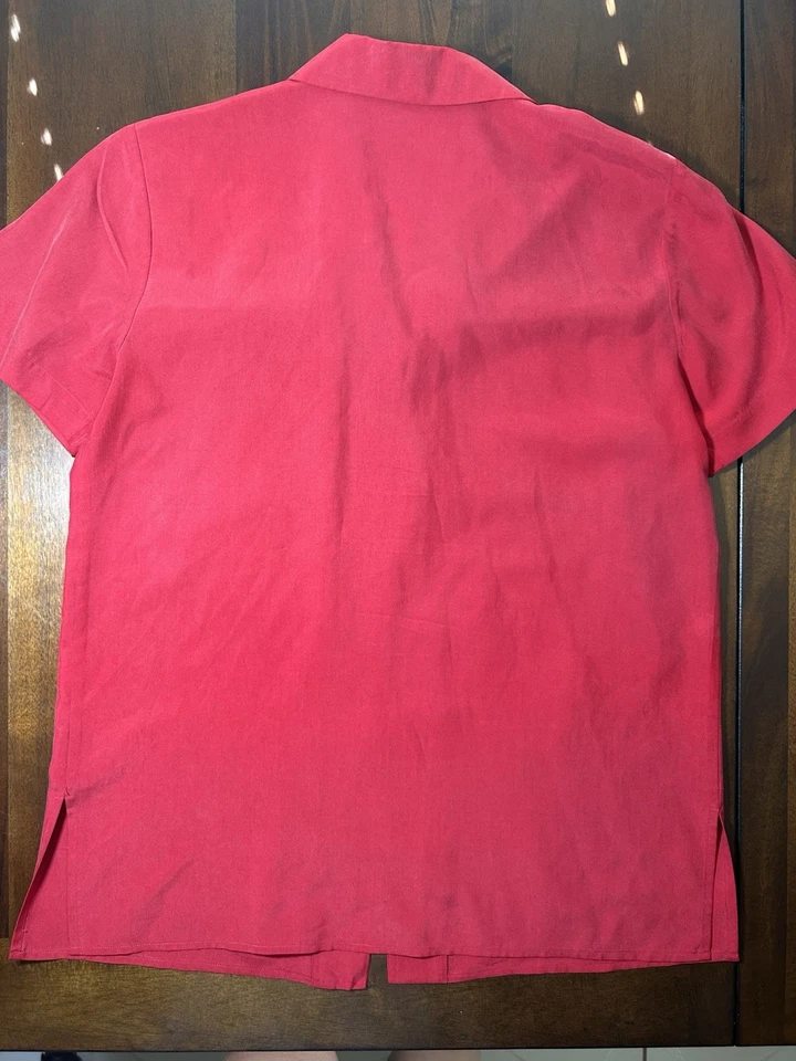 Camisa Chaus Mujer 100% Seda Talla 8 Roja Manga Corta Botón Frontal Blusa Calce Cuadrado Foto 4 de 4