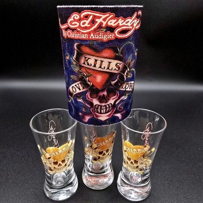 Y2K Ed Hardy Christian Audigier Love Kills Slowly Shot Glass Set of 3 w/ Koozie