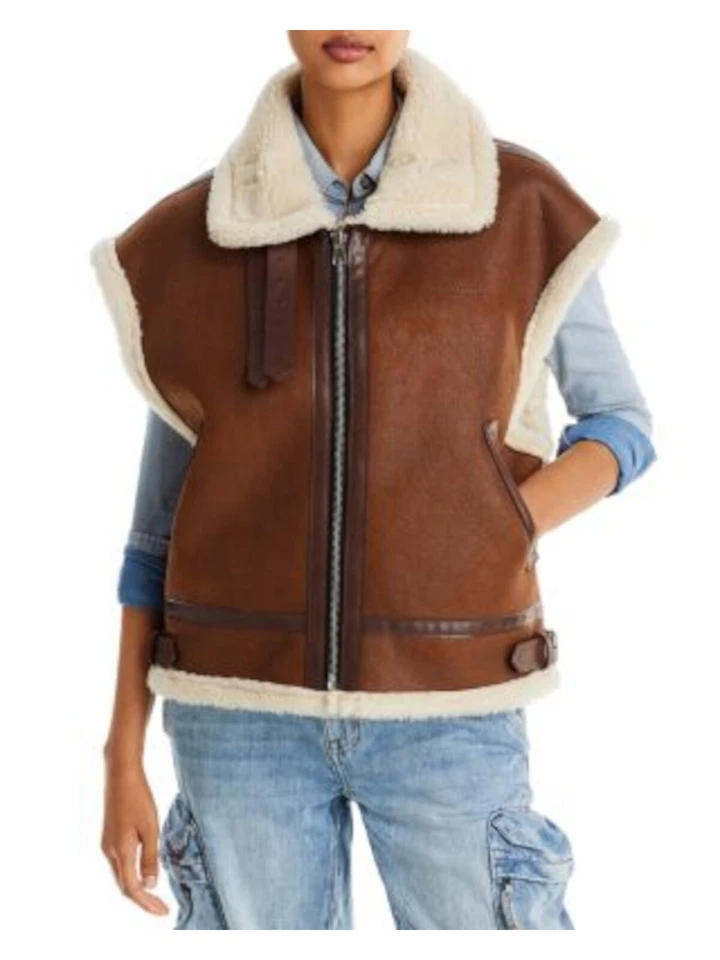 MOON RIVER Mujer Marrón Cremallera Bolsillo Hebilla Acentos Chaleco Chaqueta L Foto 4 de 4