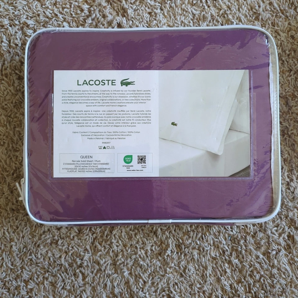 Conjunto de lençóis Lacoste Queen percal sólido ameixa 100% algodão peso leve elegante - Imagem 4 de 4