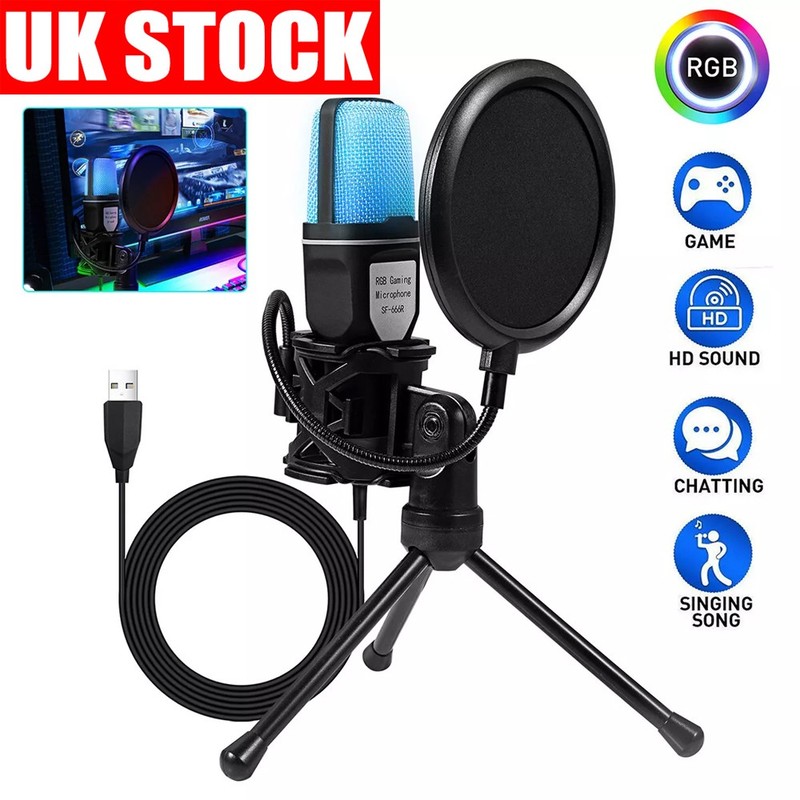 RGB Light USB Microphone Computer Condenser Gaming Mic for PC/Laptop/Desktop UK