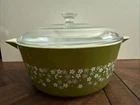 VTG PYREX 475-B GREEN SPRING BLOSSOM CRAZY DAISY 2.5 QT CASSEROLE DISH w/ LID