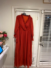 Womens Orange Solid V-Neck Long Sleeve Ruffle Maxi Dress 2XL