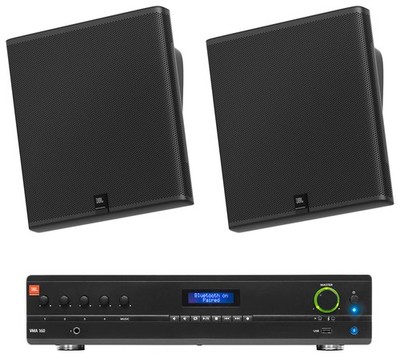 2) JBL SLP14/T-BK Sleek Low-Profile On Wall Mount 4'' 70v Commercial Speakers+Amp