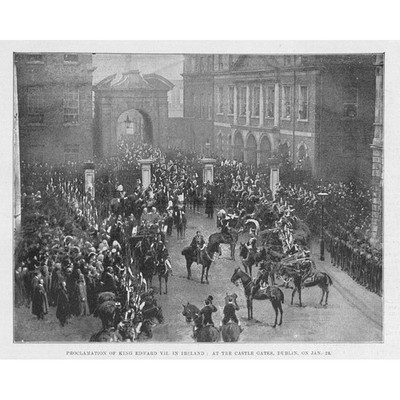 Proklamation von König Edward VII an den Dublin Castle Gates - antiker Druck 1901
