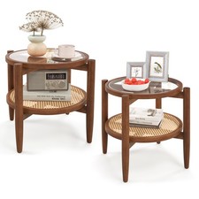 COSTWAY 2-Tier Round Side End Table PE Rattan Coffee Table Set of 2-Brown