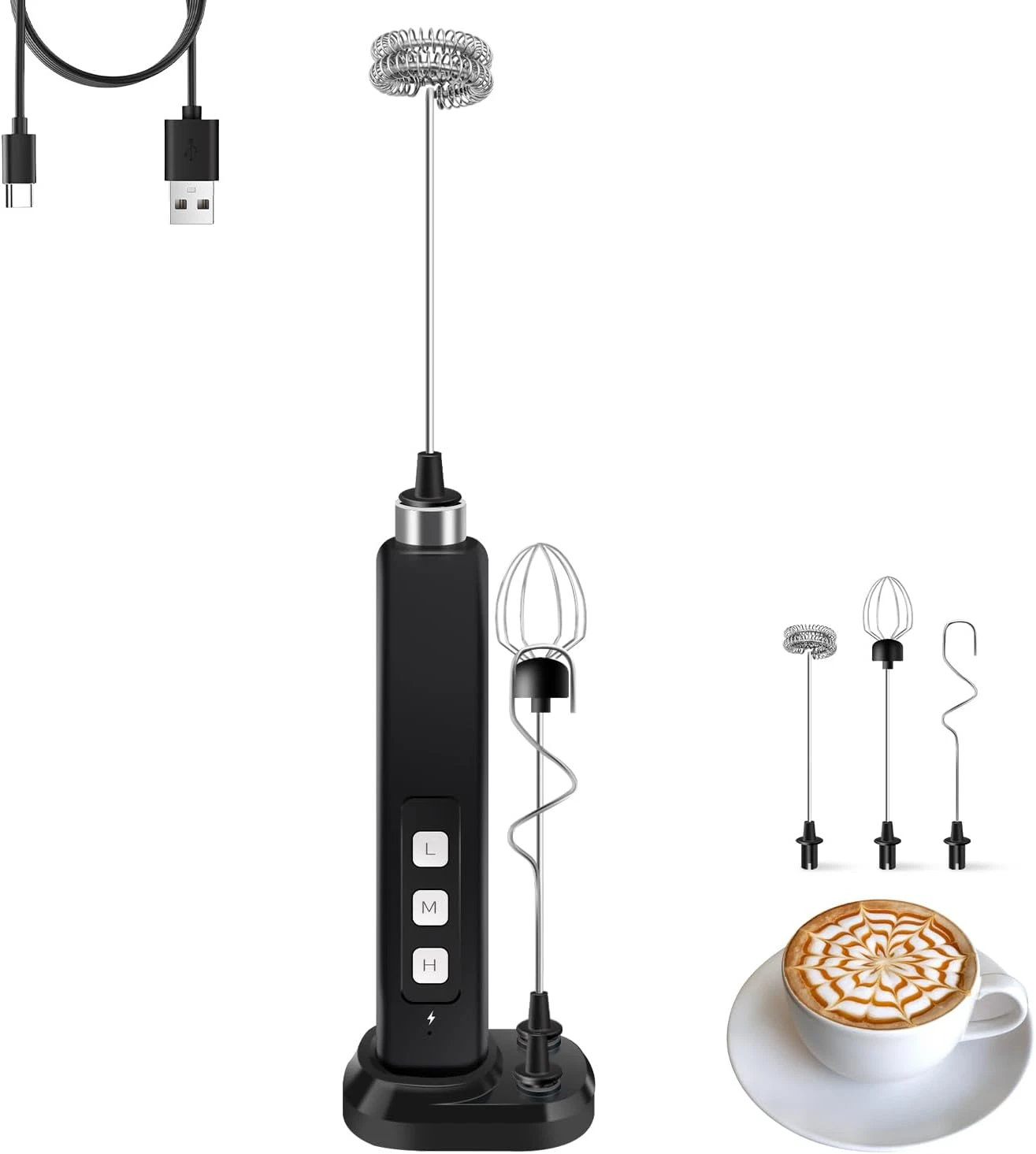 Rechargeable Milk Frother Handheld with 3 Detachable Stainless Whisks, 3 Speed A