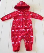 Hudson Baby Red Hooded Fleece Sleigh Reindeer Jumpsuit Coverall Sz 0-3M