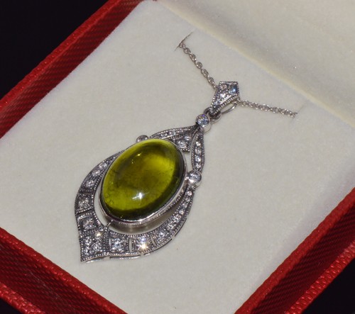 Vintage Natural 28CTS VS F Diamond Tourmaline 18K Solid Gold Art Deco Pendant - Picture 4 of 18