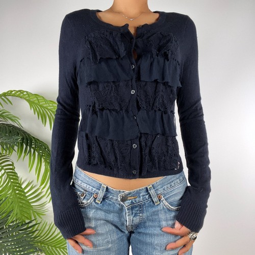 Vintage Y2K Hollister Navy Lace Cottagecore CoquetteCardigan Sweater Top /Medium - Picture 3 of 7