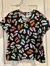 White Cross Scrub Top Size Medium Black Flip Flops Sandals colorful