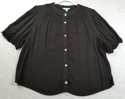 DRAPER JAMES Button Up Shirt Women Extra Large XL Black Gauze Short Sleeve Smock