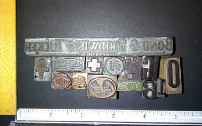 Lot of 15 Vintage Metal Printing Letterpress Blocks Advertising Logos Wood
