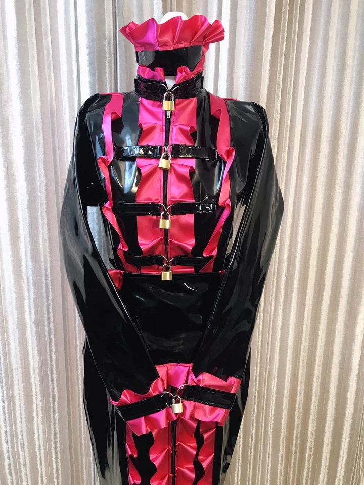 Misfitz blk PVC & pink satin lockable sissy Maids hobble dress. SIZE 18. CD TV - Image 2 of 4