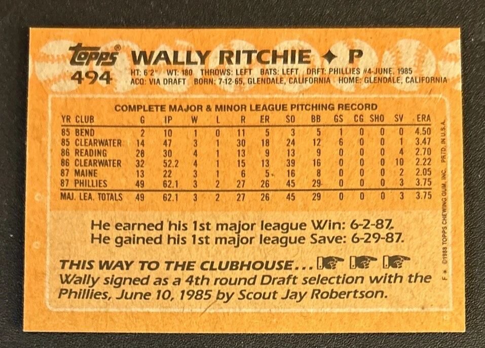 1988 Topps Wally Ritchie Baseball Rookie Card (RC) #494 Phillies Pitcher VG O/C - Image 2 of 2