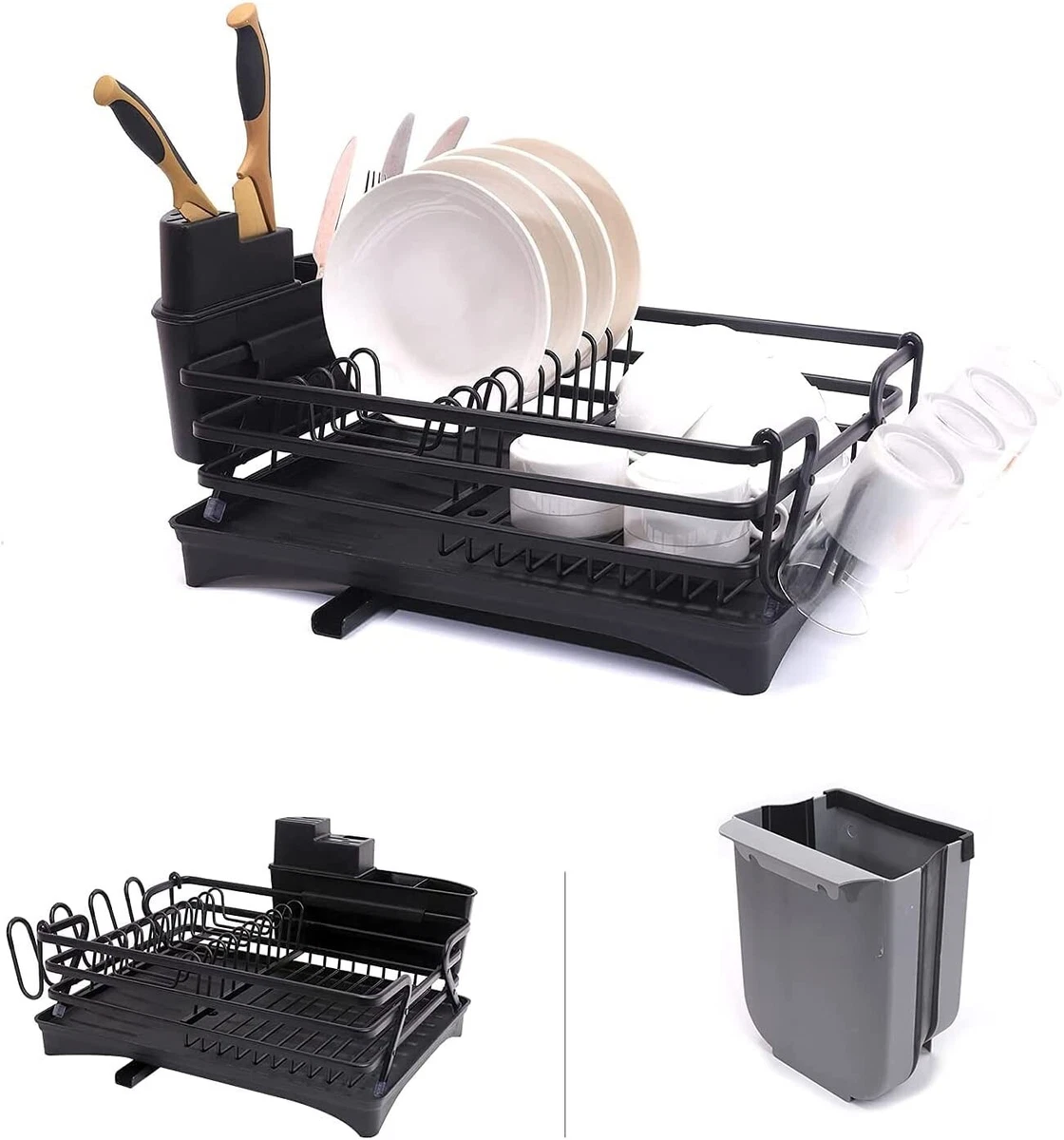 OUHOUSE Compact Dish Drying Rack with Cups Hook, Cutlery Rack, Dish  Drainers