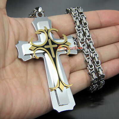 Men's 3D Blue Silver Tone Stainless Steel Thick Large Cross Pendant Punk Cool 5C