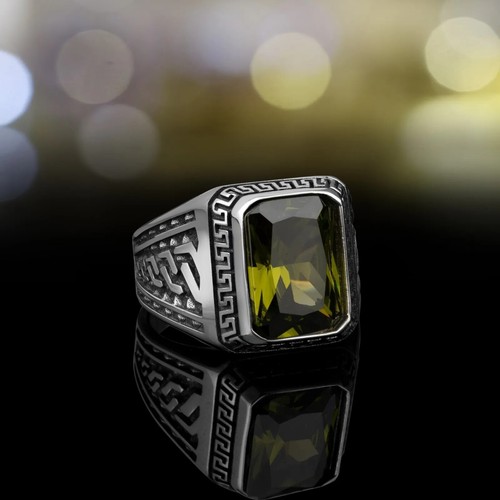 925 Sterling Silver Handmade Turkish jewelry Green Peridot Men's Ring Size 7-14 - Picture 5 of 5