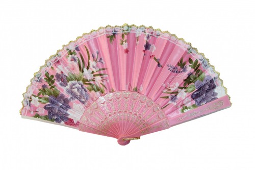 Silk Hand Fan with Golden Lace and Flower Pictures - Picture 6 of 6