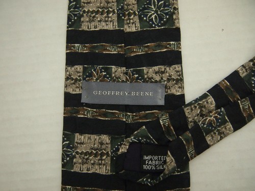 Geoffrey Beene Mens Necktie Tie Beige Green Geometric Striped 58" - Picture 3 of 4