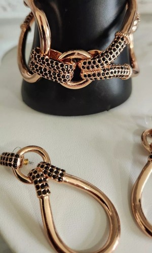 Giles & Brother G&B Rose Gold Cuff Link Bracelet w/ Dangling Loop Earrings Set - Picture 3 of 6