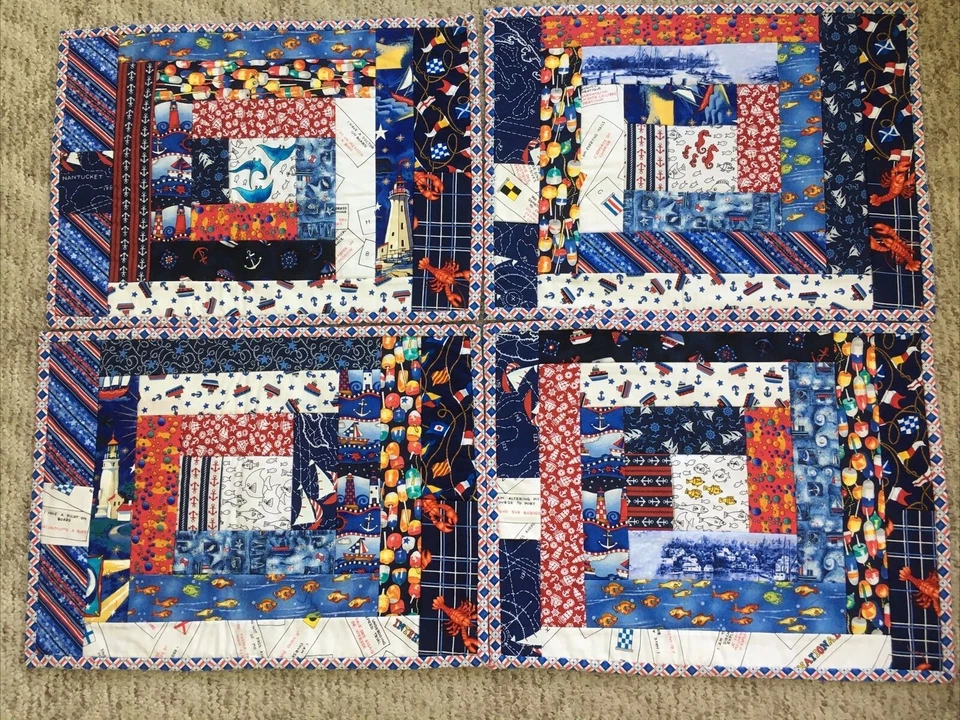 Set 4/8 placemats Handmade Pieced quilted reversible nautical 14x19 lighthouse - Image 4 of 4