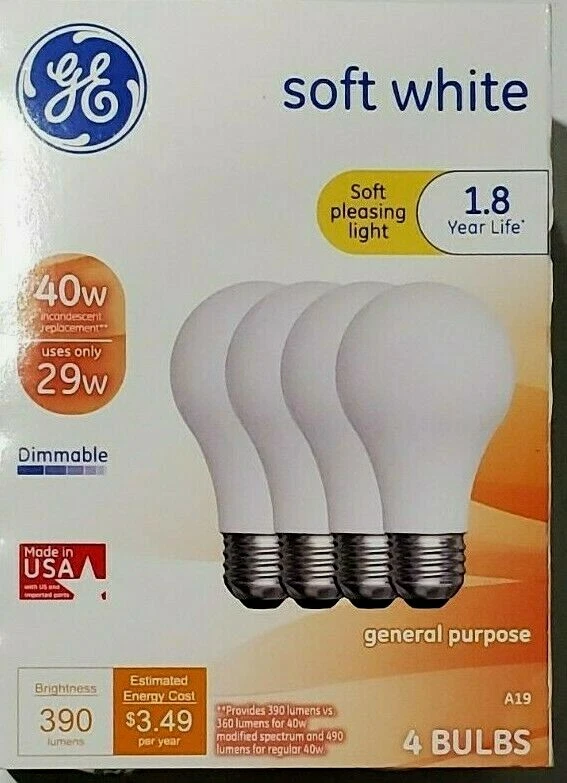 GE Bulb Soft White NOT LED A19 Med Base 40W 29W 390 Lumen 4