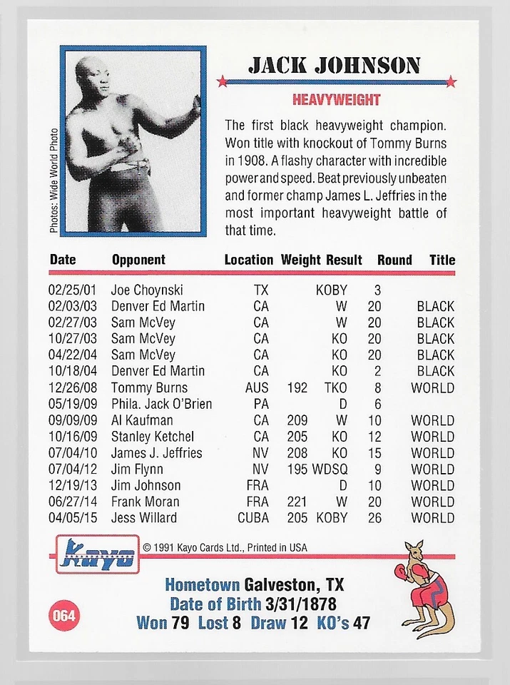 1991 Kayo Boxing JACK JOHNSON #64 All Time Great - Image 2 of 2