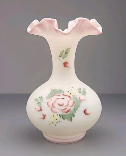 VTG Fenton Satin Glass Hand Painted Rose Garden Ruffled Edge Vase SIGNED 8" EUC
