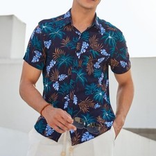 Navy Blue Unisex Hawaiian Shirt for Casual Summer Beach and Tropical Vacations