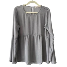 LOFT Bell Sleeve Babydoll Blouse Size Small Grey White Geometric Pattern