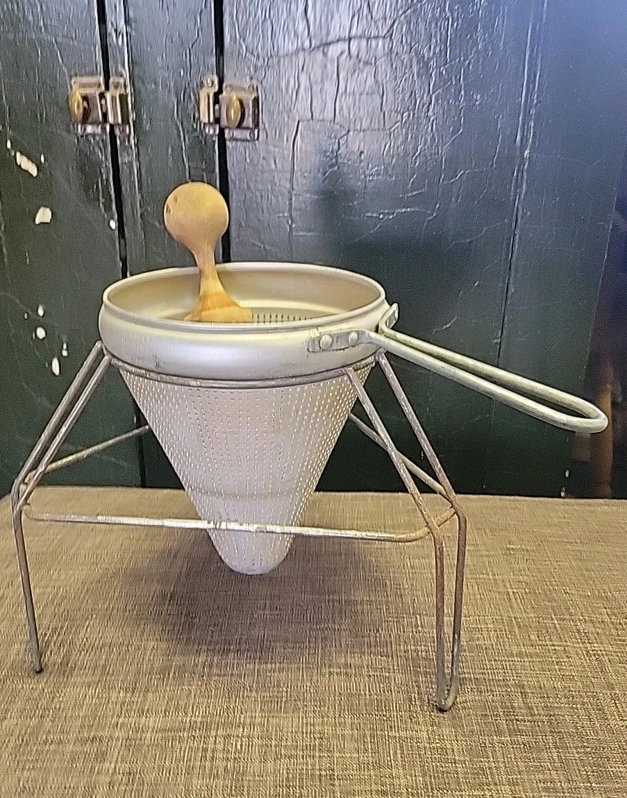VTG VIKO Aluminum Cone Strainer & Stand Colander Wood Pestle Sieve Canning 1950s