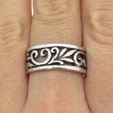 925 Sterling Silver Vintage Floral Heart Band Ring Size 9