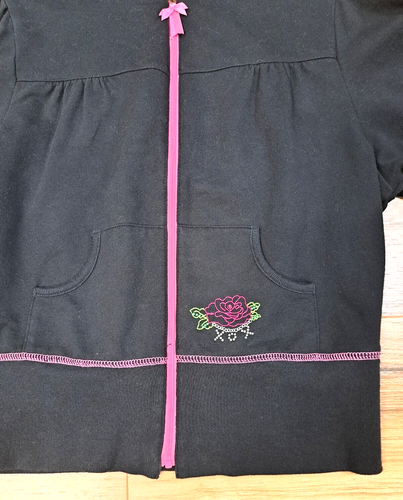 Betsey Johnson Intimates Hoodie Jacket Sweatshirt Embroidered Pink Black Medium - Picture 5 of 8