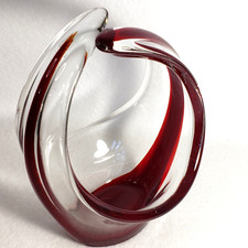 Murano Style Art Glass Split Handle Red  Clear Basket Vase Rare Unique Decor
