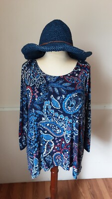 Sharagano Women's XL Stretch Paisley Tunic L/S Asymmetrical Hem Red White & Blue