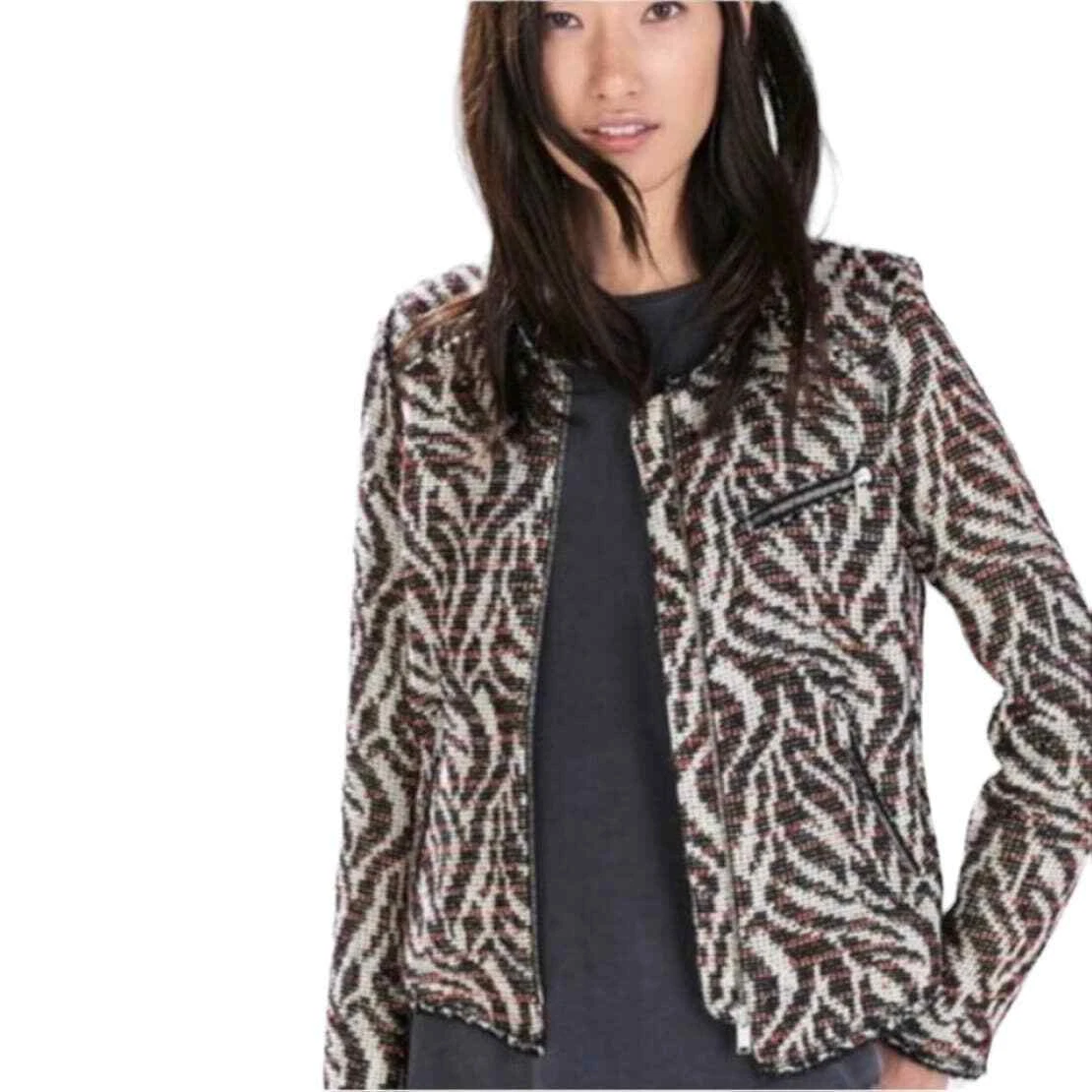 Zara Tweed Blazer Metallic Wool Zebra Print Raw Hem Red Medium eBay