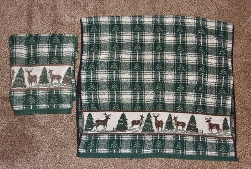 Set of 2 Moose Bath Towels Green Plaid Tan Beige Pine Trees Rustic Cabin 24x43 - Picture 3 of 6