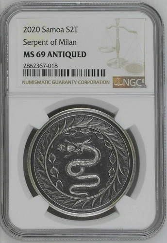 2020 SAMOA 2 TALA - SERPENT OF MILAN .999 SILVER COIN - NGC MS69 ANTIQUED