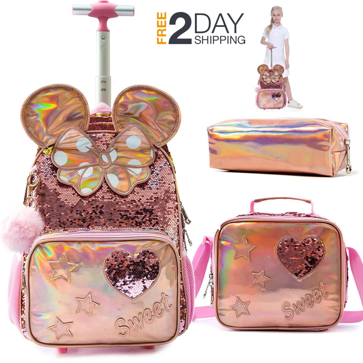 Mochila Escolar De Minnie Mouse Con Ruedas Lonchera y Estuche Rose