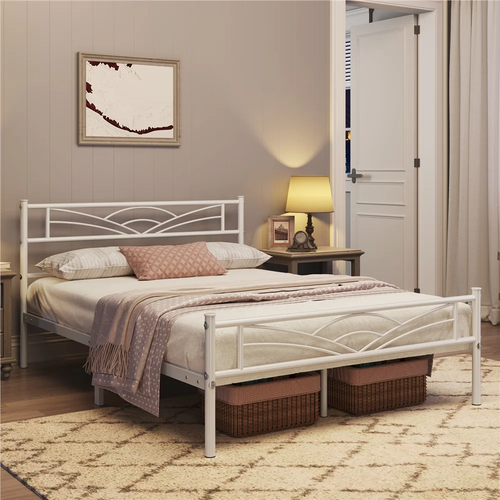 Full Size White Metal Bed Frame Cloud-Inspired Headboard and Under-Bed Storage - Picture 2 of 12